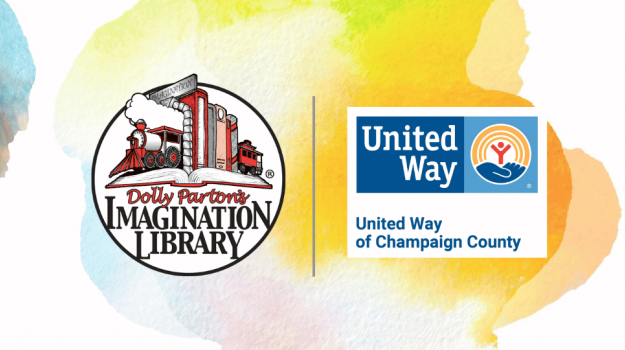 Dolly Parton Imagination Library logo and child reading books